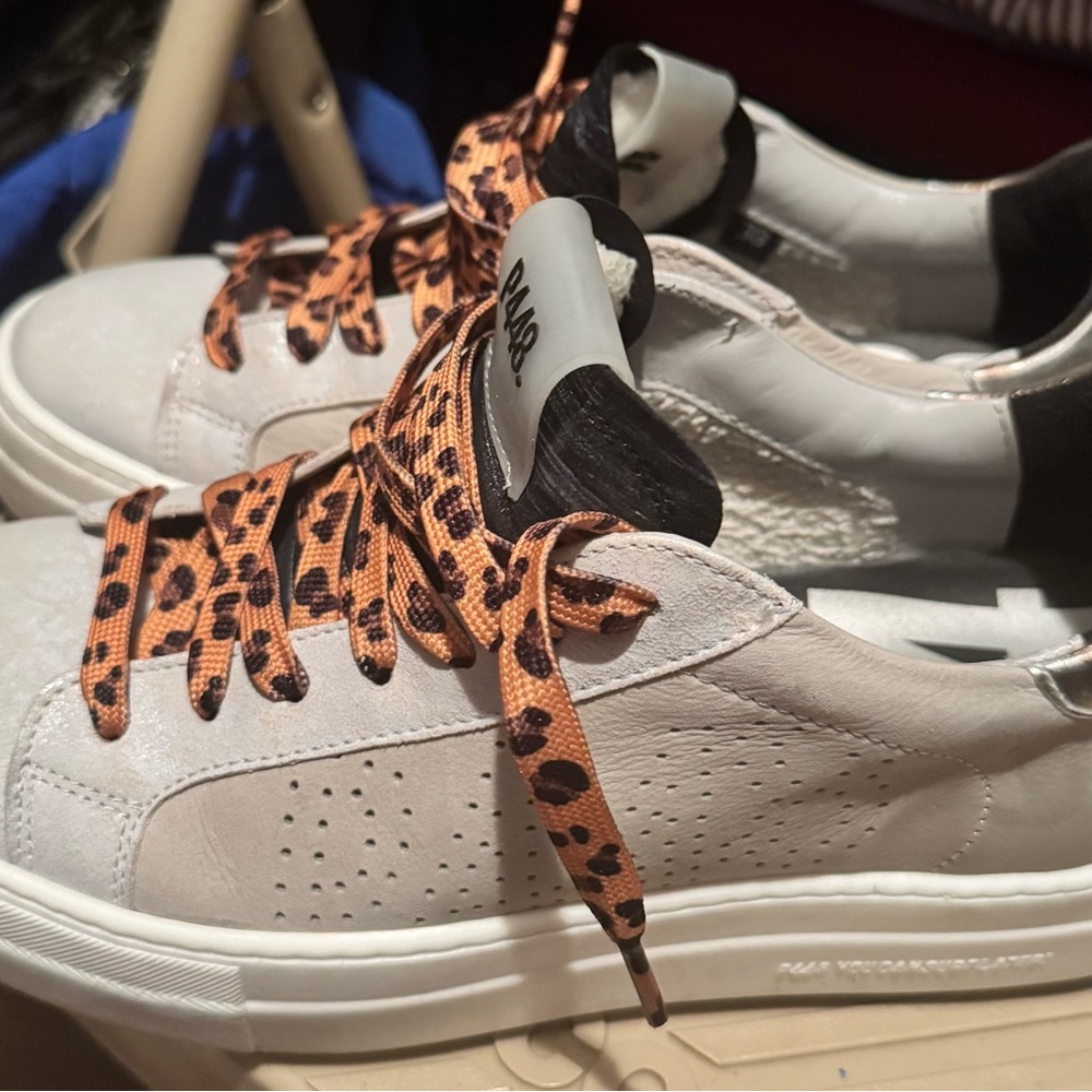 P448 White Grey Tan Leopard Laces 38 or 7 or 7.5 Women’s Sneakers